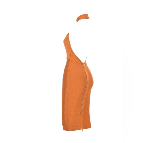 NWOT House of CB ‘Damara’ Camel Lurex Halter Bandage Dress. Size L - Picture 5 of 14